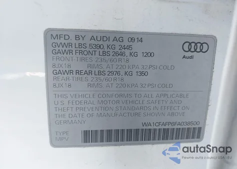 2015 Audi Q5 2.0T Premium z USA, uszkodzony, nr VIN WA1CFAFP6FA038500